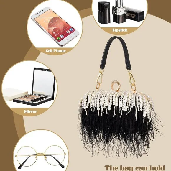 Women Ostrich Feather Tote Bag Fluffy Purse Clutch Feather Evening Handbag for W